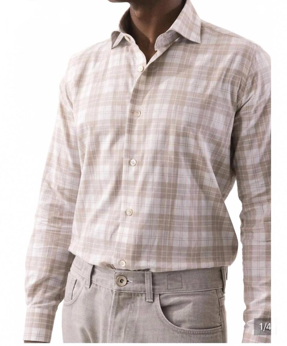 NEW ELEVENTY albini sports shirt in beige light gray plaid